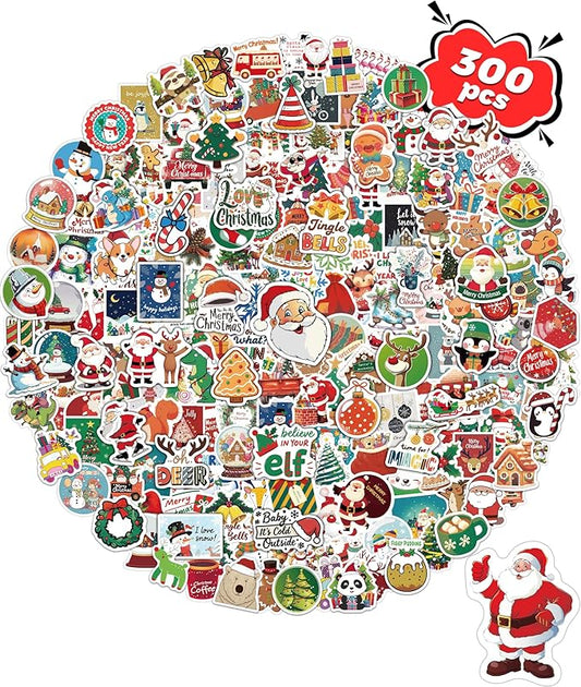 300 pcs christmas stickers for kids, christmas party favors stocking stuffers vinyl water bottles stickers crafts gifts for classroom students holiday sticker for kids teens adults