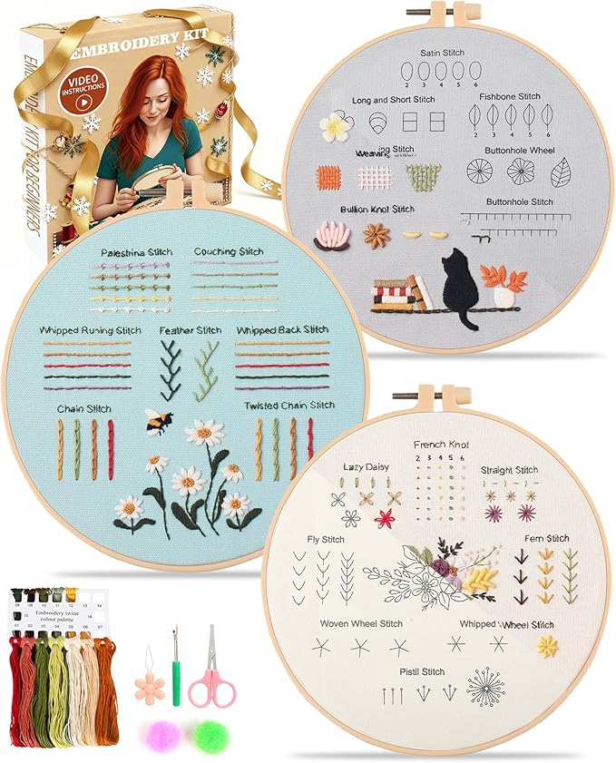 hi-yomilaugh 3 pack beginner embroidery kit & cross stitch kits for adults, needles & tools, easy needlepoint set with step-by-step instructions & video tutorial(botanical garden)