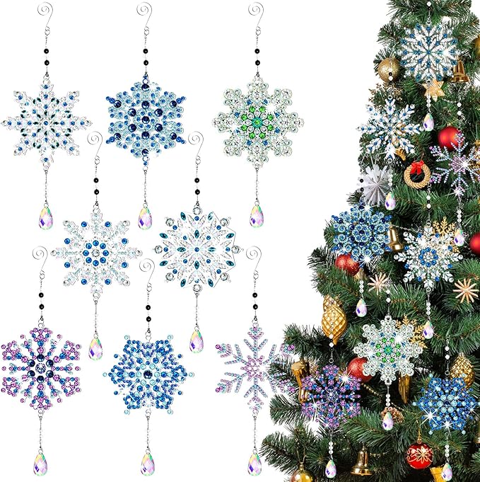 Uiifan 8 Pcs Winter Snowflake Diamond Art Kits 5d DIY Point Drill Painting Wind Crystal Wind Chimes Diamond Kit Double Sided Snowflake Ornaments with Crystal Pendant for Home Garden Hanging Decor