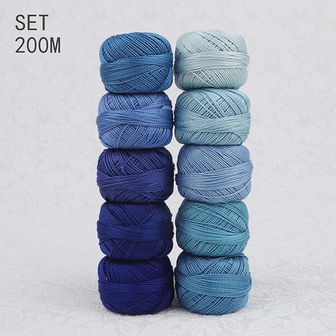 Size 8 Double Mercerized Egyptian Long Staple Cotton Pearl Thread Ball 5 Grams Rainbow Color Embroidery Thread 10 Colors per Box for Crochet Hardanger Cross Stitch Hand Embroidery (Set M)