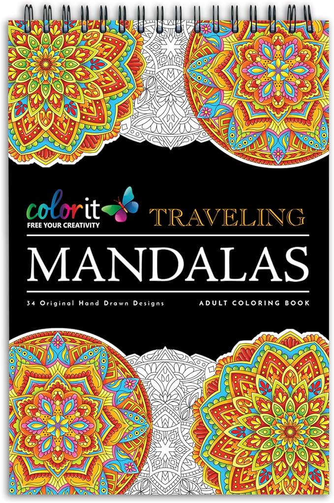 Traveling Mandalas Adult Coloring Book - Features 30 Original Hand Drawn Designs Printed on Artist Quality Paper, Hardback Covers, Spiral Binding, Perforated Pages, Bonus Blotter