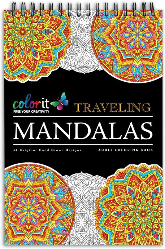 Traveling Mandalas Adult Coloring Book - Features 30 Original Hand Drawn Designs Printed on Artist Quality Paper, Hardback Covers, Spiral Binding, Perforated Pages, Bonus Blotter