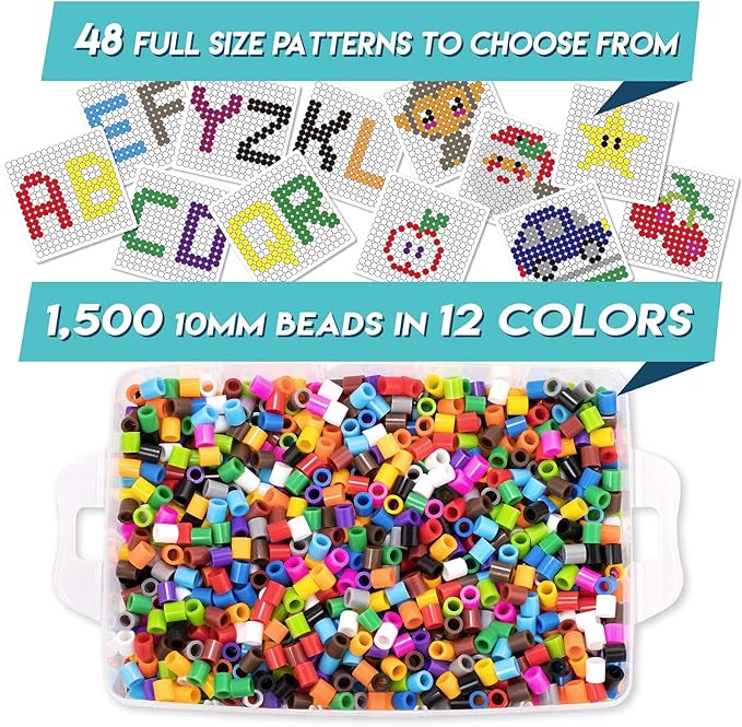 fuse beads kit of 1500 large 10mm melty beads perfect for ages 4-7 with 48 patterns and pegboard arts and crafts for girls and boys
