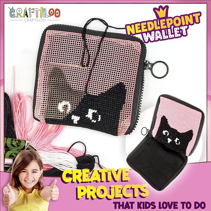 CRAFTILOO Needlepoint Kit for Kids — Beginner Cross Stitch Sewing Kit with Pre Printed Canvas, Easy Embroidery Arts and Crafts Starter Set for Girls and Boys Ages 6-12 (Cat)