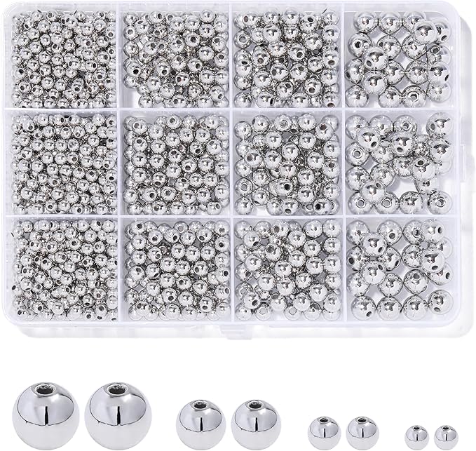 Silver Beads 1100 Pcs Smooth Round 3/4/6/8mm Silver Filled Beads for Bracelet Jewelry Making