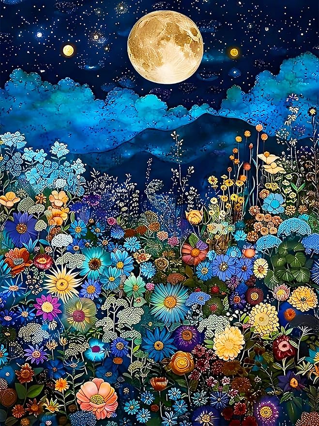 igoodom Diamond Art Kits for Adults, Flowers Under The Moon Diamond Painting Kit, Full Drill Round Diamond Art Kits, DIY Gem Art and Crafts for Home Wall Decor Gift 12x16inch