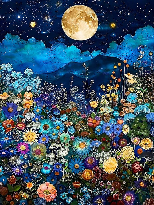 igoodom Diamond Art Kits for Adults, Flowers Under The Moon Diamond Painting Kit, Full Drill Round Diamond Art Kits, DIY Gem Art and Crafts for Home Wall Decor Gift 12x16inch