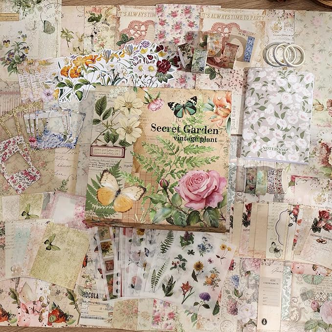Vintage Botanical Scrapbooking Supplies Kit, Aesthetic Flower Scrapbook Kit for Bullet Junk Journal, 12 Rolls Washi Tape, Stickers Papers for DIY Journaling Supplies, Craft Gift for Girl Women