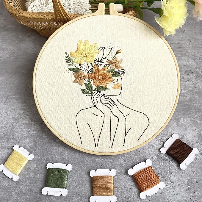 harimau 3 in beginner embroidery kit,floral plant pattern,cross stitch kits, including stamped embroidery cloth with 3 embroidery hoops, color threads and embroidery kits