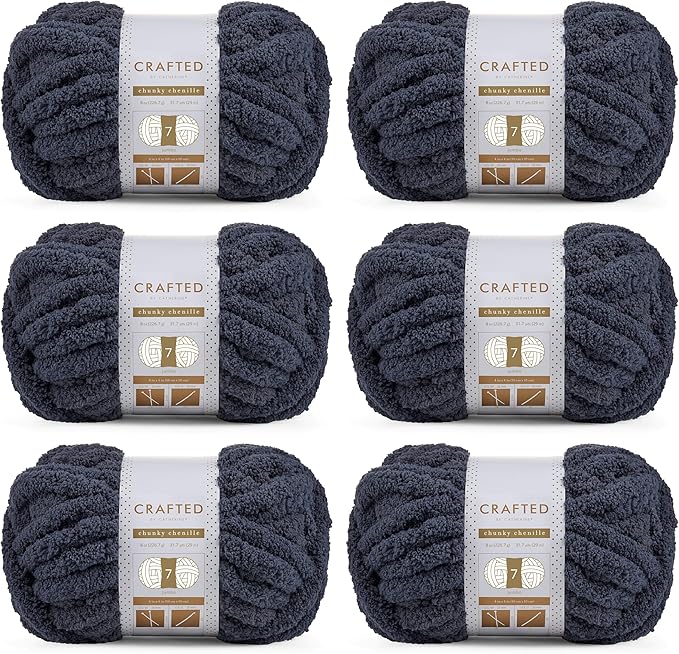 Crafted By Catherine Chunky Chenille Yarn - 6 Pack (8 oz / 227 g, 31.7 Yards Each Skein), Dark Grey, Gauge 7 Jumbo