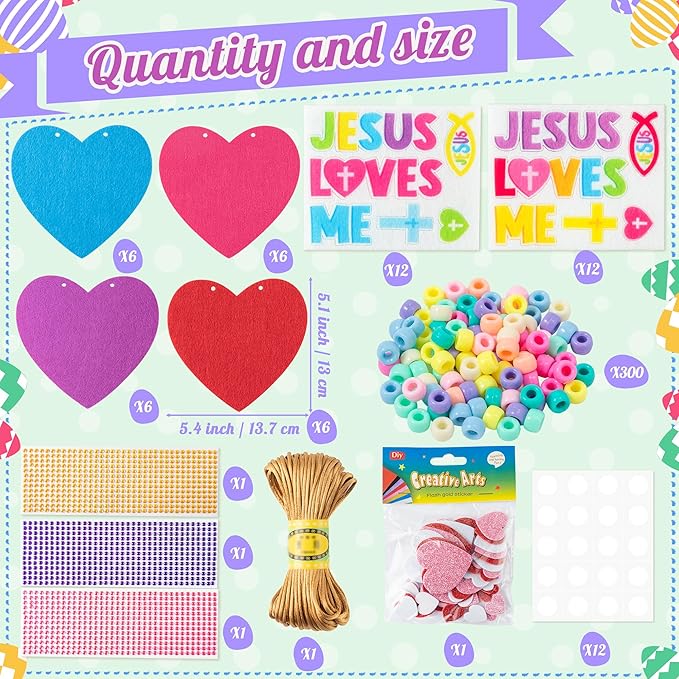 BeYumi Easter Necklace Craft Kit - 24Pcs Easter Christian Heart Felt Jesus Loves Me Necklace Making Kits With Gem Sticker DIY Religious Craft for Kids Sunday School Classroom Activity Gift Party Favor