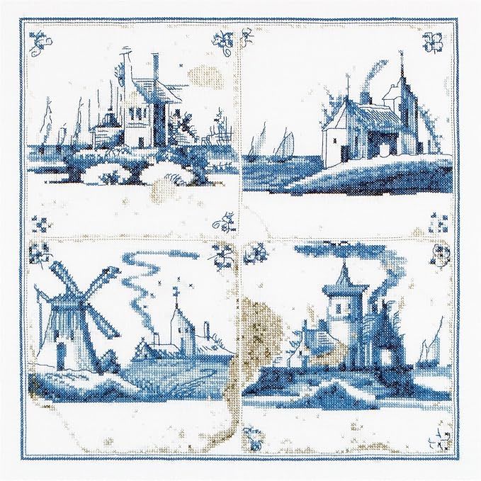 Thea Gouverneur - Counted Cross Stitch Kit - Antique Tiles Villages - Aida - 18 Count - Embroidery Kit for Adults - DMC Embroidery Threads and Other Cross Stitch Supplies Included - 484A