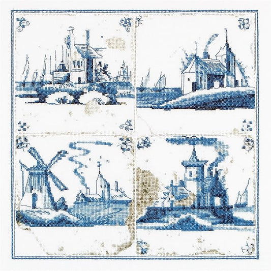 Thea Gouverneur - Counted Cross Stitch Kit - Antique Tiles Villages - Aida - 18 Count - Embroidery Kit for Adults - DMC Embroidery Threads and Other Cross Stitch Supplies Included - 484A