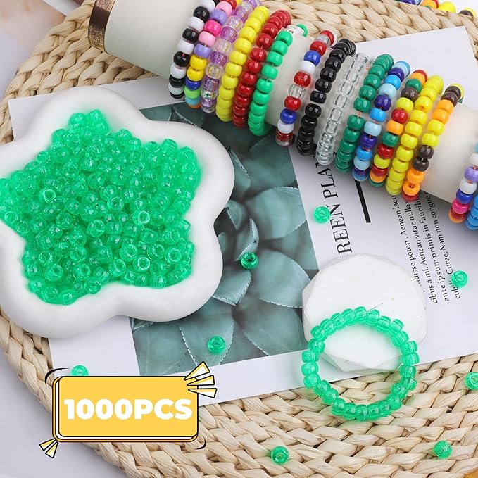 Plastic Pony Beads, 1000 Pcs, 6x9mm, for Bracelet, Hair Braiding, Friendship Bracelets, Jewelry Making (Green Glitter)
