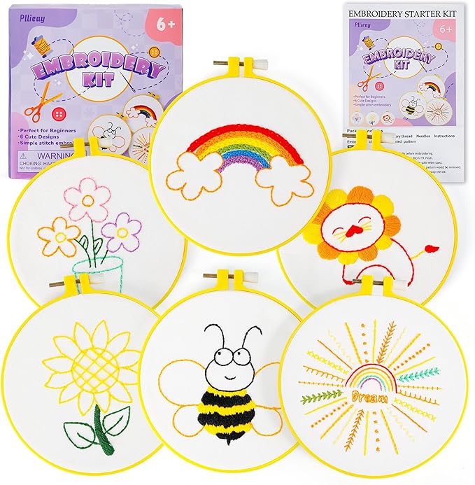 Pllieay 6PCS Embroidery Kit for Beginners, Needlepoint Kits for Beginners with Patterns, 6.5" Embroidery Hoop, Threads, Needles, Instructions, Kids Cross Stitch Kits Supplies for Girls Boys Ages 6+