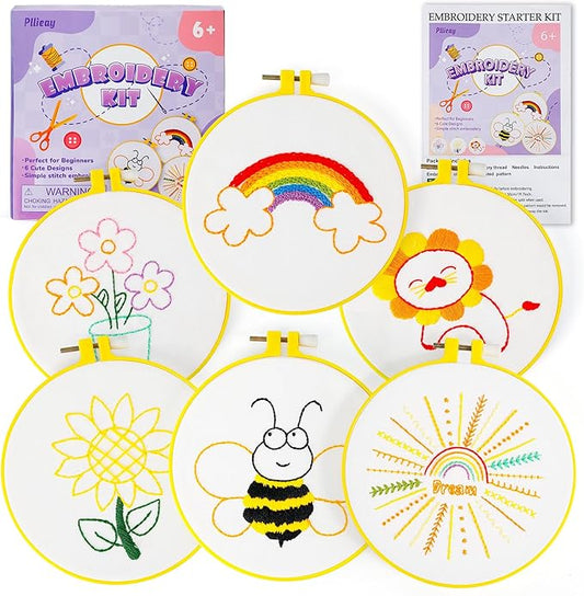 Pllieay 6PCS Embroidery Kit for Beginners, Needlepoint Kits for Beginners with Patterns, 6.5" Embroidery Hoop, Threads, Needles, Instructions, Kids Cross Stitch Kits Supplies for Girls Boys Ages 6+