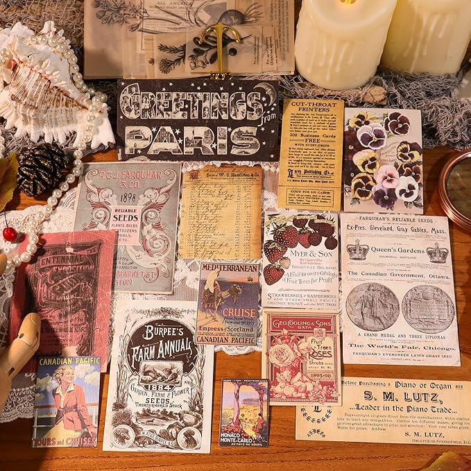 CATaireen Vintage Junk-Journal Mixed Paper Scrapbooking Embellishments Set Retro Journaling Decoupage Stickers Textured Packaging Decorative Cards Tags Kit (Poster B)