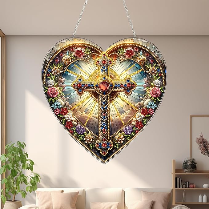 JJFox DIY Acrylic Diamond Art Painting Wreath Kits Special Shaped Rhinestone Diamond Art Window Pendants Home Garden Wall Hanging Kits Hanging Ornament (Cross-1)