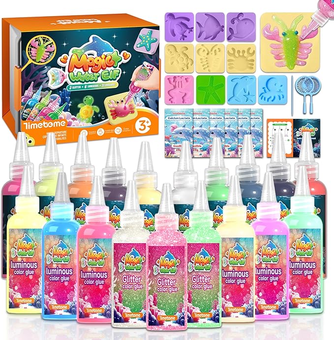 timetome magic water elf toy kit for kids – 20 gels (11 standard + 6 glitter + 3 glow) & 10 molds, diy squishy maker, aqua fairy gel toys, night glow & glitter, birthday gifts for boys & girls 3+