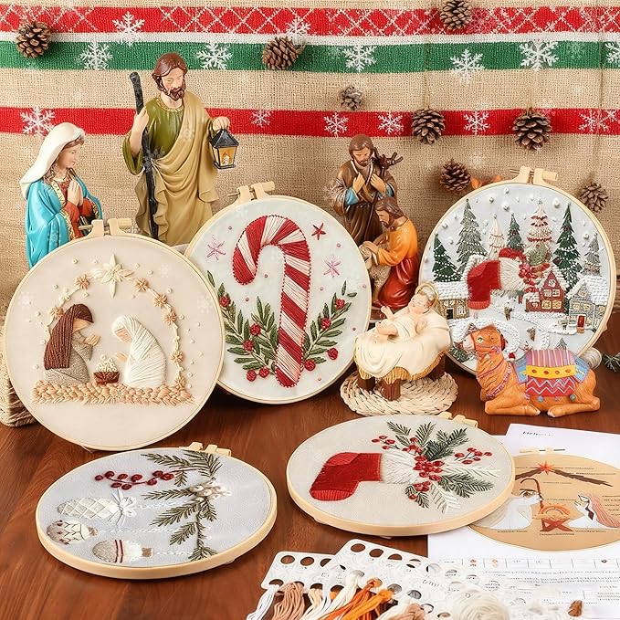 QBQBQ 4 Sets Christmas Embroidery Kits for Adults, Embroidery Kit for Beginners, Cross Stitch Kits for Beginners with Pattern, Needles, Threads, Tools (Christmas Kits B)