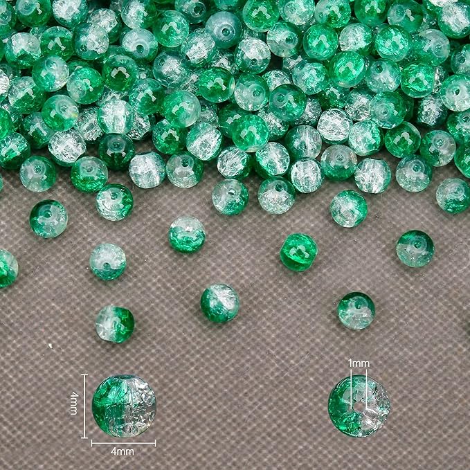 400PCs 4mm Green Crackle Glass Beads Bulk, Round Smooth Hole Glass Crystal Beads for Jewelry Making, DIY Bracelets, Necklaces, Bag Charms, Keychains and Craft Projects