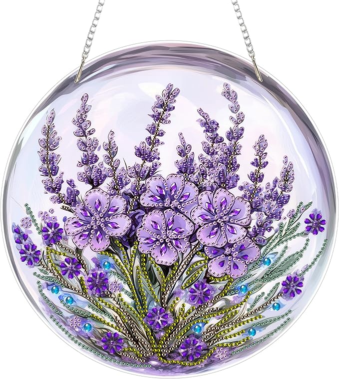 Eiflow DIY Hanging Diamond Art Kit Purple Flower, Acrylic Diamonds Painting Pendant Board Kit, 5D Gem Art Ornament Kit for Adults, Double Sided(9.4x9.4inch)