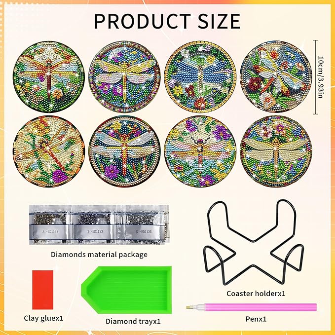 Dragonfly Diamond Art Coasters Kit, 8 Pcs Stained Glass Style Diamond Painting Coaster for Adults Beginners, Coaster Making Kits with Holder Cork Pads, DIY Project for Home Christmas Ornaments Gifts