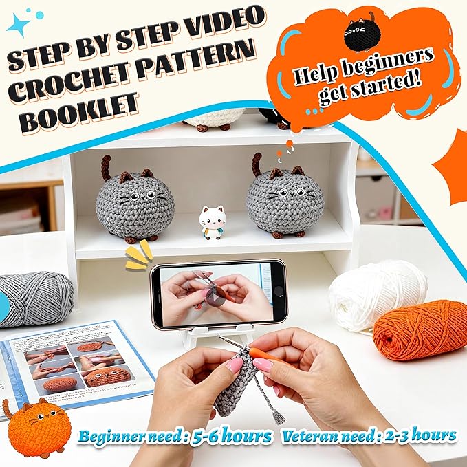 Joyclub 4 Pcs Crochet Kit for Beginners Crochet Starter Kits for Adults and Kids Great Birthday Gifts for Crocheting Lovers with Step by Step Video Amigurumi Cat Family Knitting Kit DIY Craft