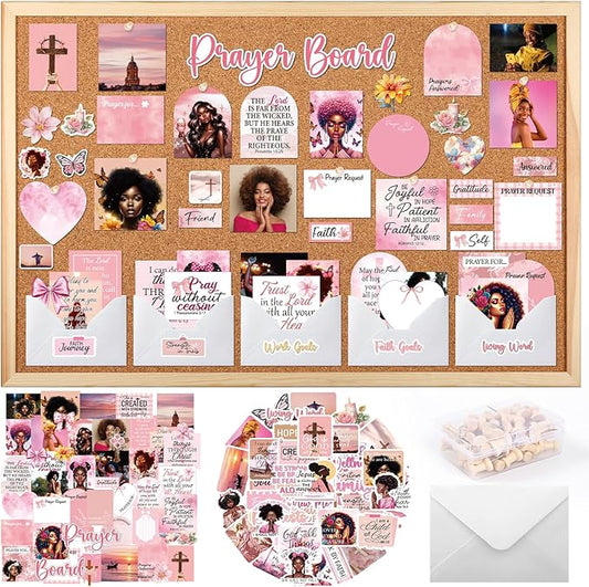 Black Women Prayer Board Kit - Vemfare 162 Pcs Prayer Board Stickers Supplies with Pins Envelope Bible Verse Quotes Cards, Pink Scrapbook Stickers, Bible Study Supplies for Women (Not Cork Board)