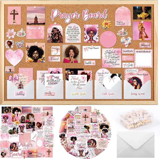 Black Women Prayer Board Supplies - Vemfare 162 Pcs Prayer Board Kit with Pins Envelope Bible Verse Quotes Cards, Pink Scrapbook Stickers, Bible Study Supplies for Women (Not Cork Board)