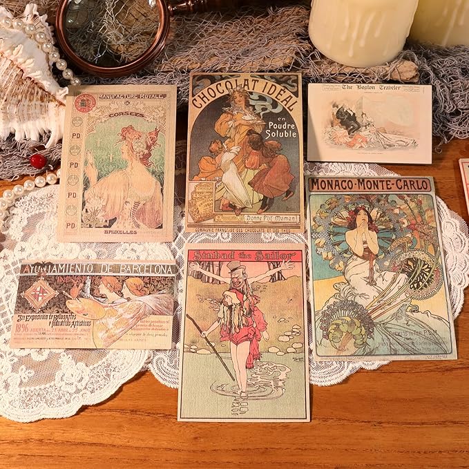 CATaireen Vintage Junk-Journal Mixed Paper Scrapbooking Embellishments Set Retro Journaling Decoupage Stickers Textured Packaging Decorative Cards Tags Kit (Poster C)