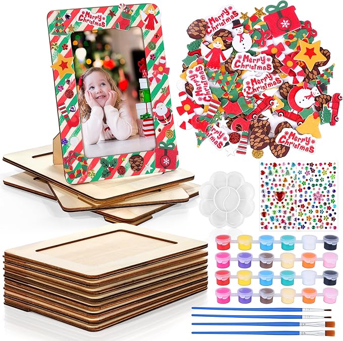Fovths 12 Packs Christmas Picture Frame Painting Craft Kit Frozen Wooden DIY Photo Frame for 4 x 6 inch Photo with 100 Stickers Rhinestone Stickers 4 Brushes Set for DIY Paint and Decorate