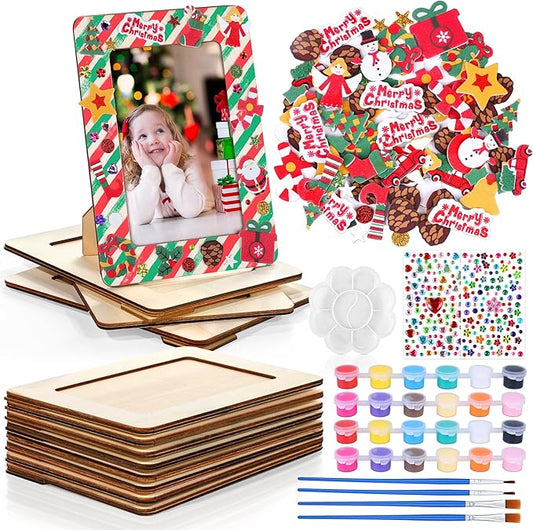 Fovths 12 Packs Christmas Picture Frame Painting Craft Kit Frozen Wooden DIY Photo Frame for 4 x 6 inch Photo with 100 Stickers Rhinestone Stickers 4 Brushes Set for DIY Paint and Decorate