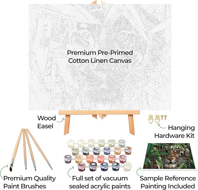 Ledgebay DIY Paint by Numbers Kit for Adults - Framed Canvas Beginner to Advanced Kit Includes Acrylic Paint Set, Brushes, Tabletop Easel (Bamboo Tiger 12" x 16" Framed)