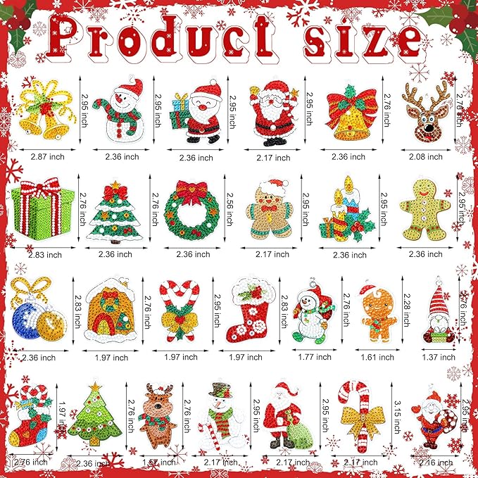 Junkin 26 Pcs Diamond Art Christmas Ornaments 5D DIY Christmas Diamond Painting Keychains Kits Xmas Hanging Painting Kit Snowman Santa Art Pendant Key Chains for Adult Craft Gift Family Decor(Cute)