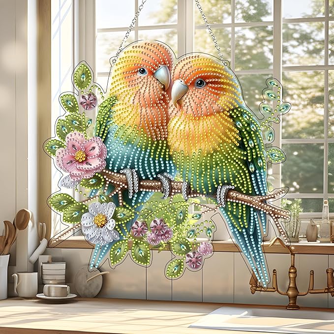 JJFox Diamond Art Hanging Kit for Adult,Special Shaped Rhinestone,Double Sided DIY Acrylic 5D Diamond Art Painting Window Pendants Home Garden Wall Hanging Kits Hanging Ornament (Bird)