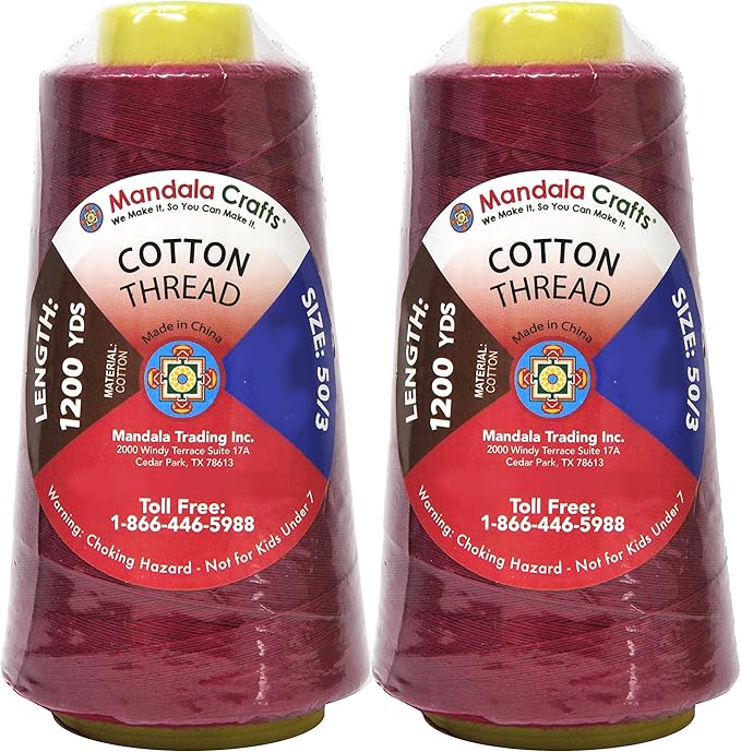 Mandala Crafts Maroon Thread Cones for Machine and Hand Quilting - 2400 Yds 50 WT Multiple Purpose Mercerized 100% Cotton Threads for Sewing Machine Serger Embroidery
