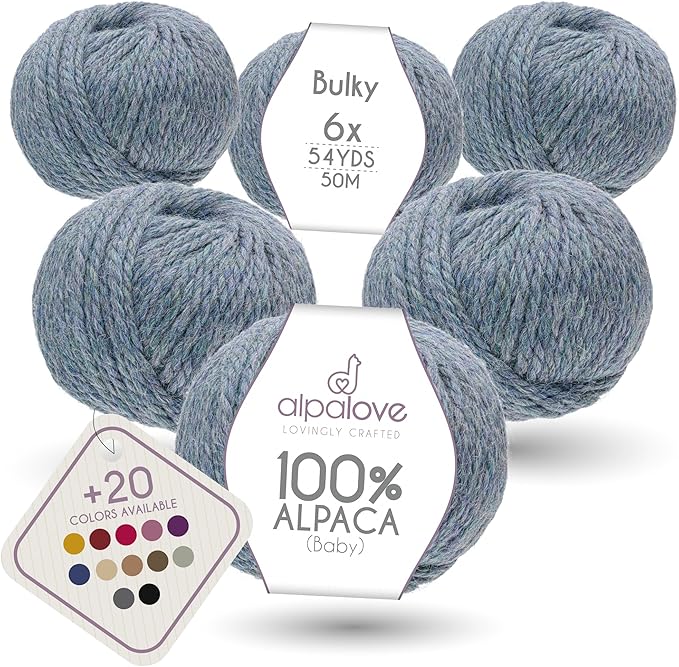 Bulky Set (6 x 1.75 oz) Super Soft Baby Alpaca Knitting Yarn Grey Green 328 Yards