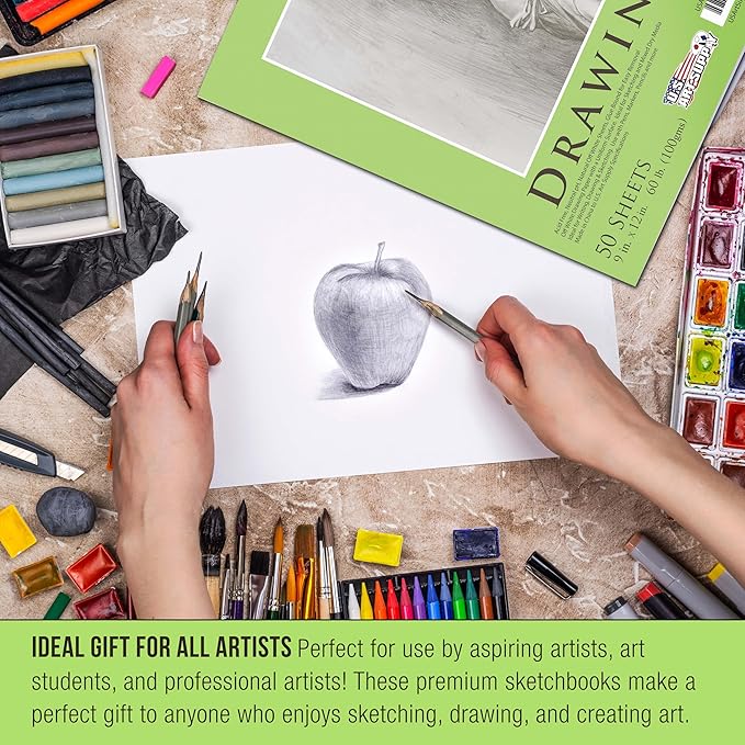 u.s. art supply 9" x 12" premium drawing pad, pack of 2 (50 sheets each), 60 lb (100 gsm) - artist sketch book, mixed media paper, sketchbook for drawing, colored pencils, charcoal - adults, students