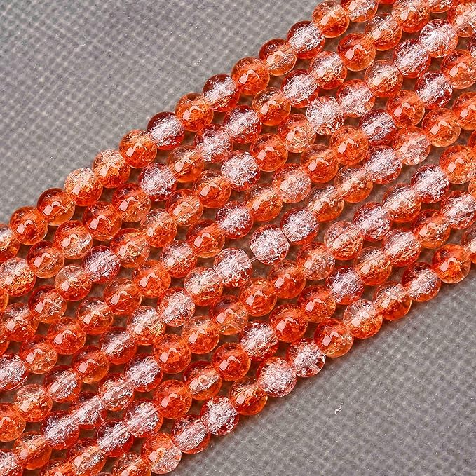 300PCs 6mm Orange Crackle Glass Beads Bulk, Round Smooth Hole Glass Crystal Beads for Jewelry Making, DIY Bracelets, Necklaces, Bag Charms, Keychains and Craft Projects