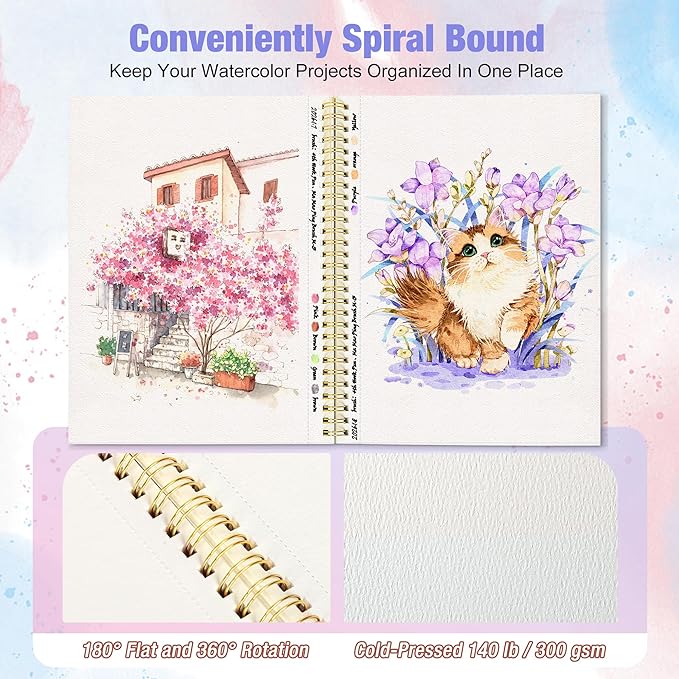Creazic Watercolor Paper Pad (Pink), 5.5"x8.5", 24 Sheets (140lb/300g). Spiral Bound with Micro-Perforated Tear Line. Portable Travel Sketchbook Journal for Adults, Kids, Art Practice & Small Projects