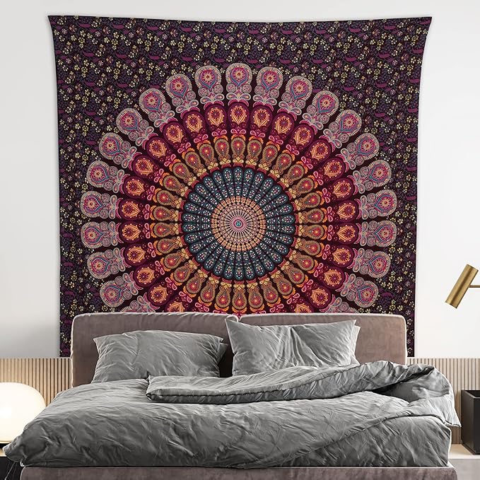 bless international handmade indian hippie bohemian psychedelic peacock mandala wall hanging college dorm beach throws table cloth bedding tapestry (golden pink blue, queen(84x90inches)(215x230cms))