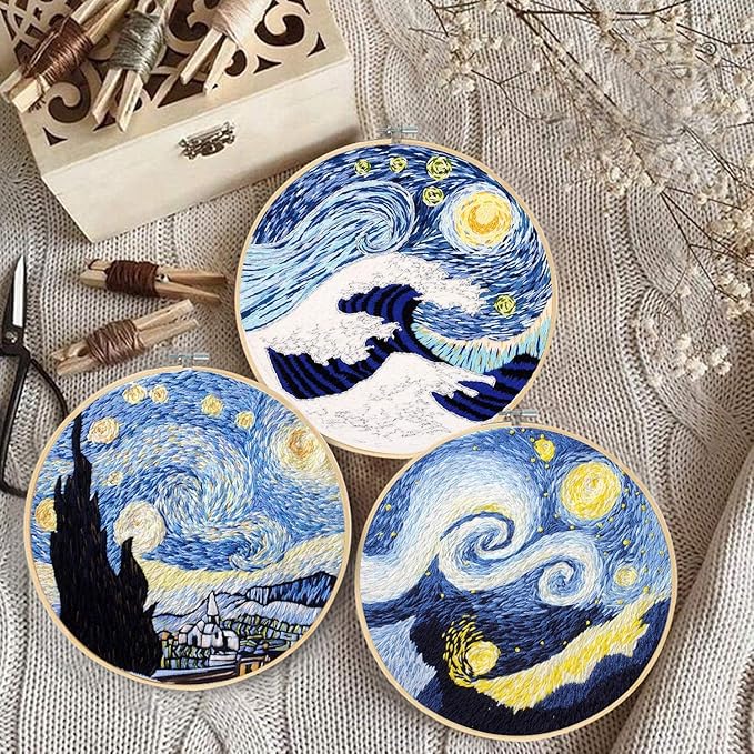 Santune 3 Sets Embroidery Cross Stitch Kits with Instructions,Needlepoint Kit with 3 Stamped Clothes,1 Hoop and 6 Needles,Mothers Day Gifts