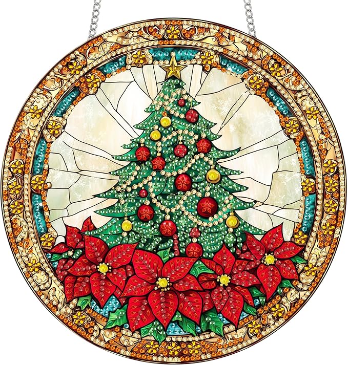 Reofrey Hanging Diamond Art Kits for Adults - 8x8 Inch Christmas Tree Acrylic Board Double Sided Pattern Diamond Art Suncatcher Pendant, Crystal Art for Home Wall Window Decoration Handmade Gift