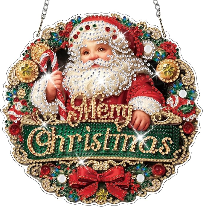 HEIBAGO Santa Diamond Art Hanging Kits for Adults Kids, 5D Special Shaped Crystal Diamond Painting Kit, DIY Pattern Window Pendant Gem Art Kit for Home Wall Decor 8.3 x 8.3 Inch