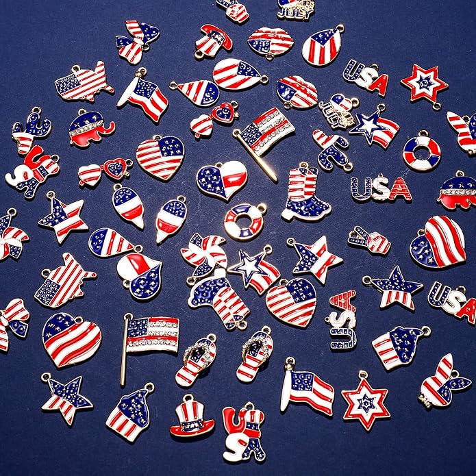 60PCS Patriotic Charms 4th of July Pendants for Jewelry Making Independence Day American Flag Heart Star Charms for Necklace Earring Bracelet Making Holiday Decorations