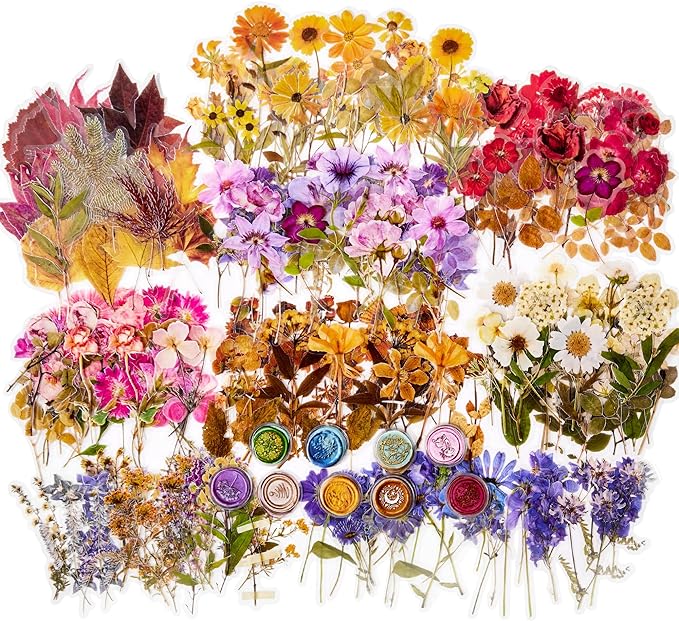 emmoolife Pressed Flower Stickers Set (380 PCS) Dried Flowers Themed Resin Sticker Decals Floral Botanical Journaling Stickers for Scrapbook Supplies Bullet Junk Journal Bottles Planner Laptops