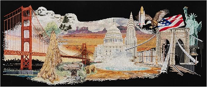 Thea Gouverneur - Counted Cross Stitch Kit - America - Aida Black - 18 Count - Embroidery Kit for Adults - DMC Embroidery Threads and Other Cross Stitch Supplies Included - 544.05