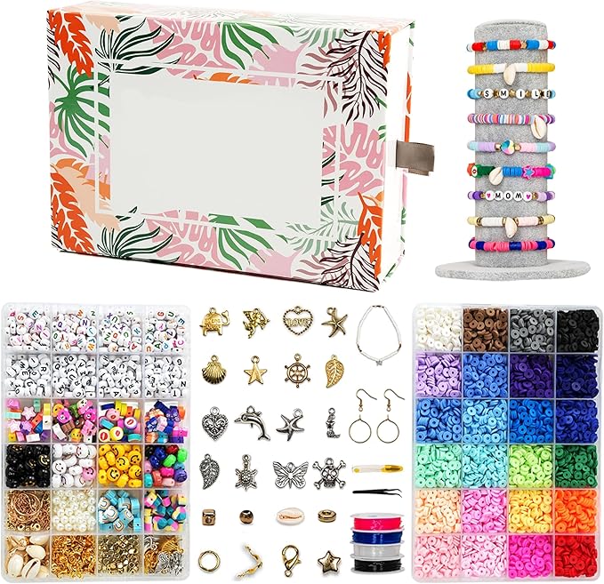 6525 Pcs Bracelet Making Kit for Beginners, Friendship Bracelet Making Kit for Girls Teens Adults, Includes Letters Beads & Smiley Beads, Polymer Clay Beads Jewelry Making Kit with 2 Storage Boxes