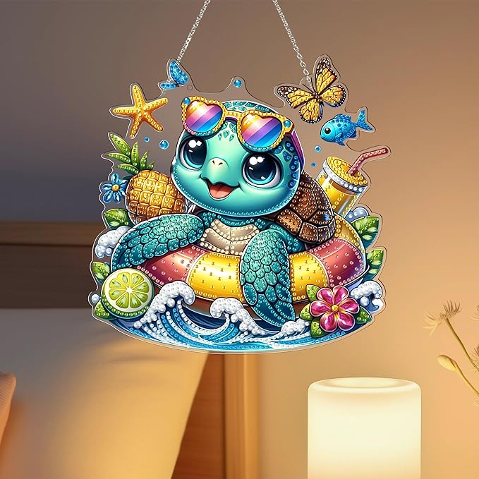 DIY Hanging Diamond Art Kit for Adult – 5D Gem Art Window & Wall Pendant, Acrylic Diamond Painting Ornament for Home & Garden Decoration (Summer sea Turtle)